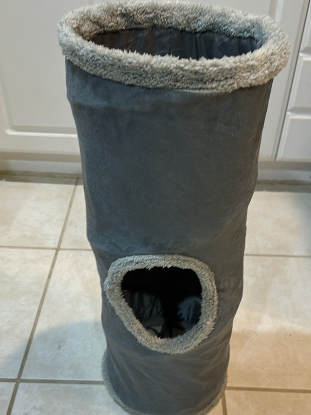 Collapsible Soft Suede Cat Tunnel Toy with Peek-a-Boo Hole & Hanging Ball (Gray,
